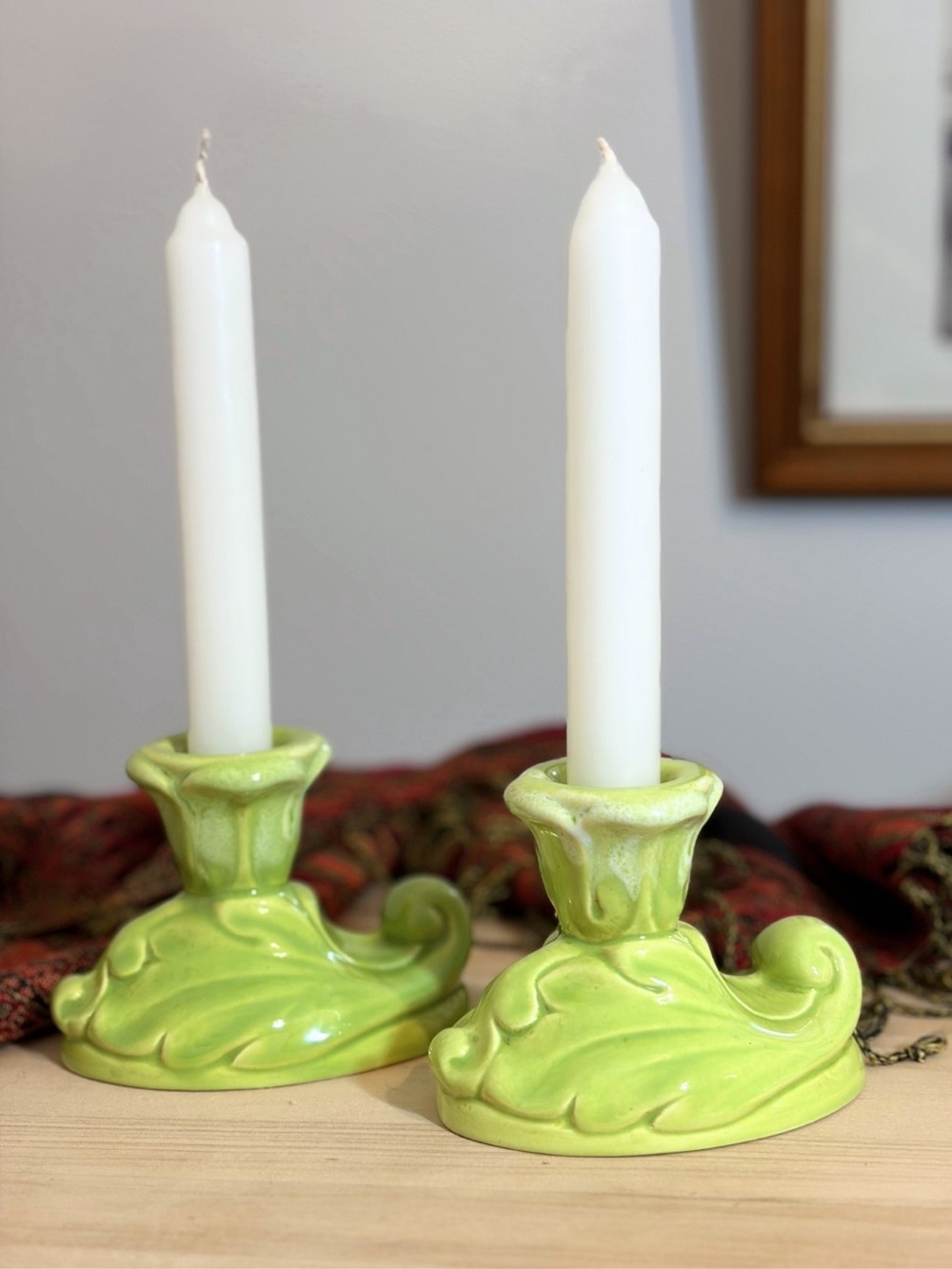 Ceramic Leaf Candle Holders in Lime Green - Pair